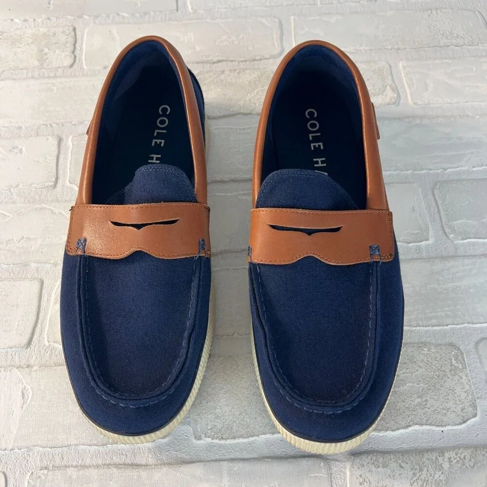 Cole Haan‎ Mens 9.5 M Nantucket 2.0 Navy Blue Brown Canvas Slip On Penny Loafer
